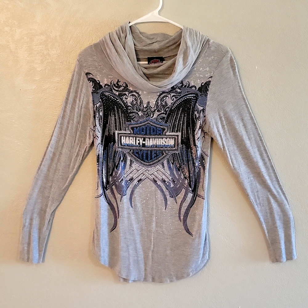 GREY, SUPER SOFT LONG-SLEEVE HARLEY-DAVIDSON VINTAGE JEWELED